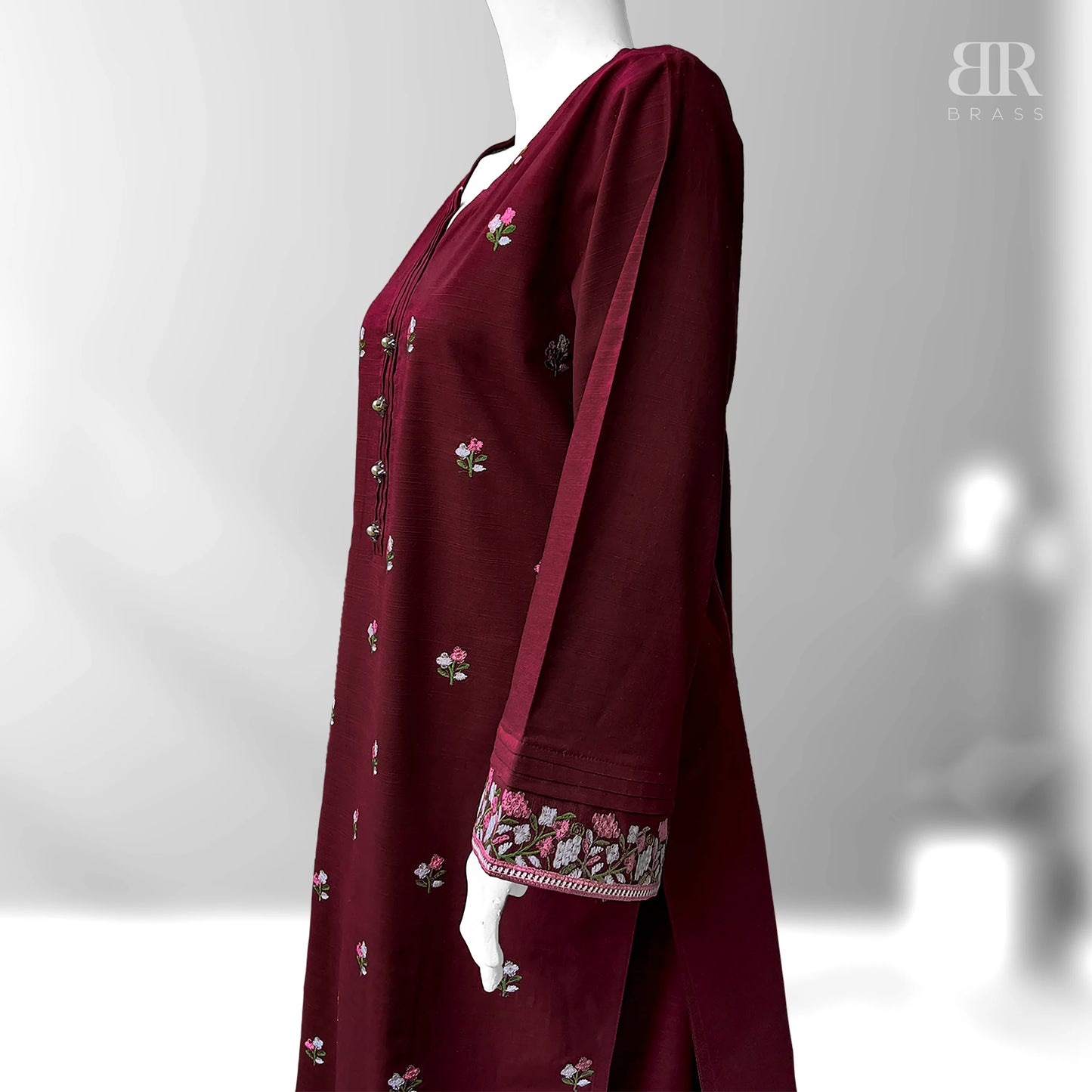 2 Piece - Embroidered Pure Slub Khaddar Stitched Suit (Maroon)
