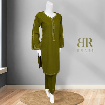 2 Piece - Embroidered Pure Slub Khaddar Stitched Suit (Olive Green)