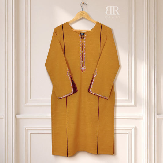 2 Piece - Embroidered Pure Slub Khaddar Stitched Suit (Mustard)
