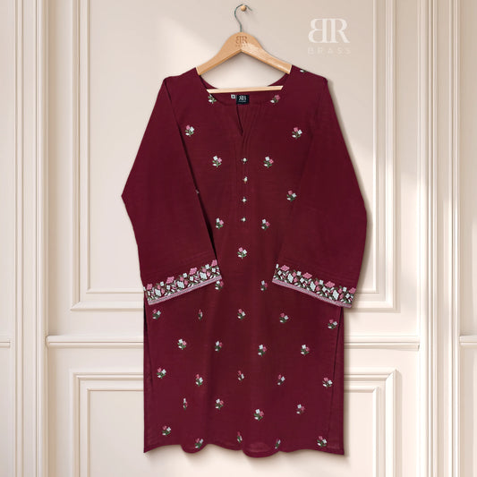 2 Piece - Embroidered Pure Slub Khaddar Stitched Suit (Maroon)