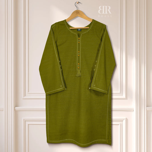 2 Piece - Embroidered Pure Slub Khaddar Stitched Suit (Olive Green)