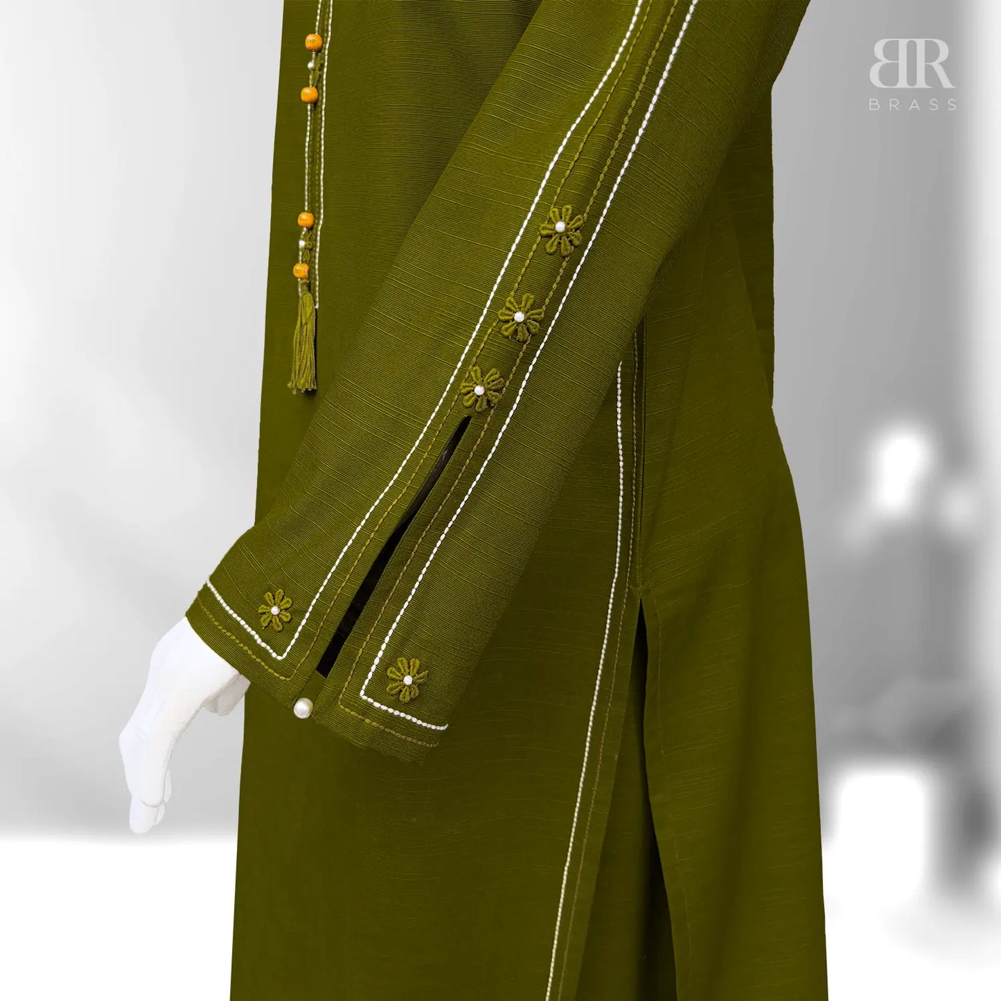 2 Piece - Embroidered Pure Slub Khaddar Stitched Suit (Olive Green)