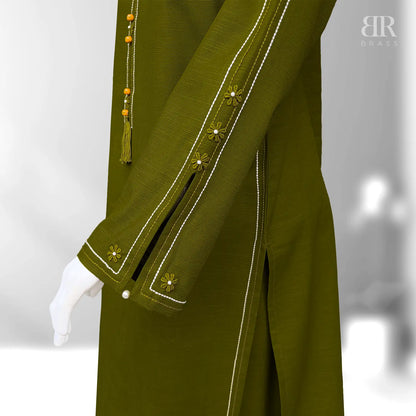 2 Piece - Embroidered Pure Slub Khaddar Stitched Suit (Olive Green)