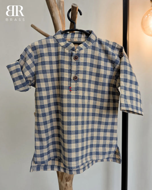 Checkered Cotton Shirt with Band Collar