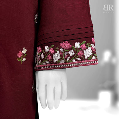 2 Piece - Embroidered Pure Slub Khaddar Stitched Suit (Maroon)