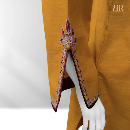 2 Piece - Embroidered Pure Slub Khaddar Stitched Suit (Mustard)