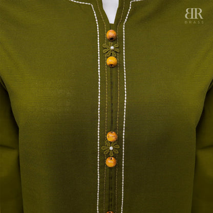 2 Piece - Embroidered Pure Slub Khaddar Stitched Suit (Olive Green)