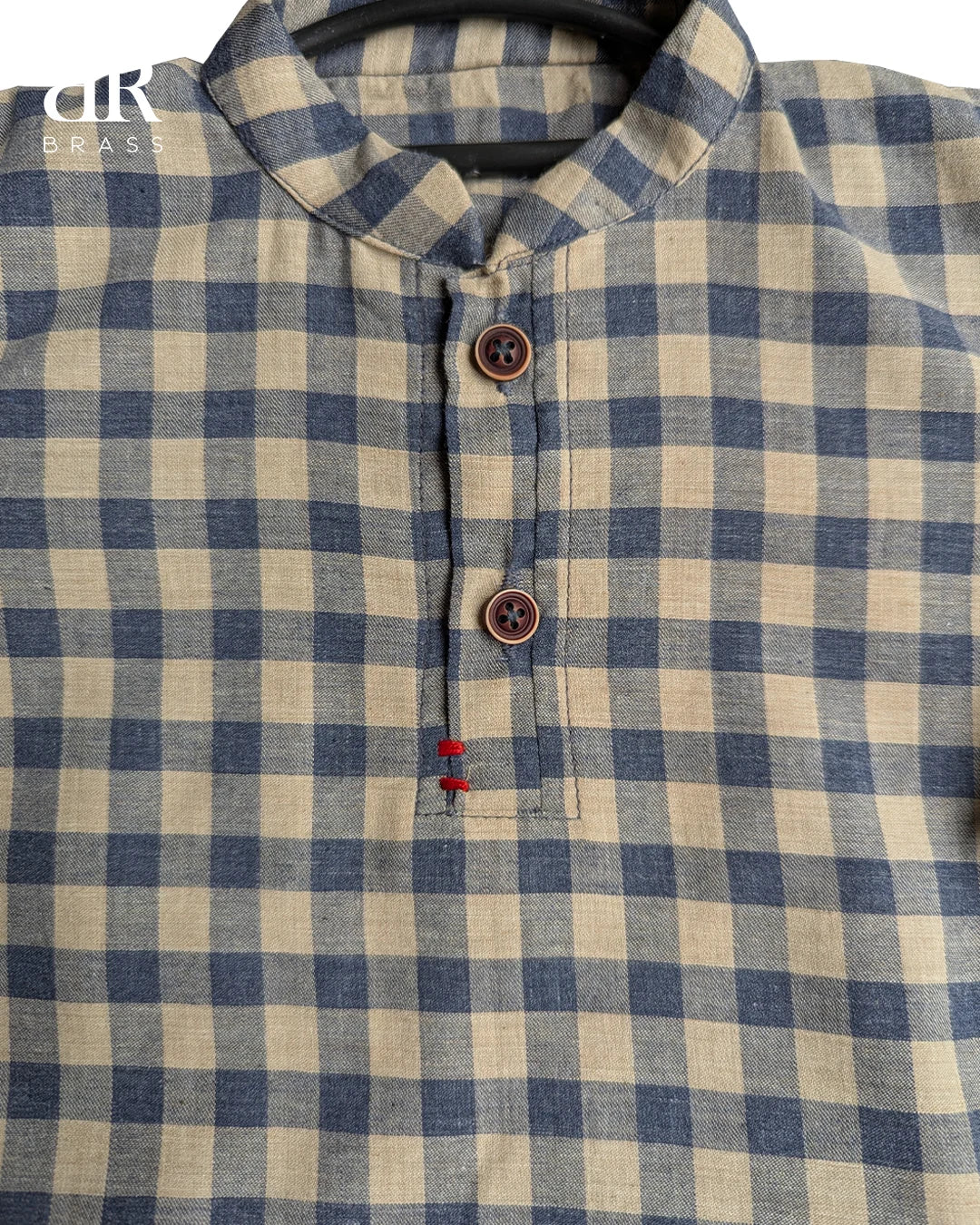 Checkered Cotton Shirt with Band Collar