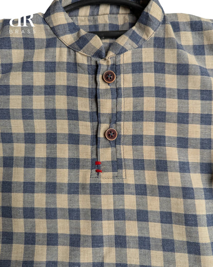 Checkered Cotton Shirt with Band Collar