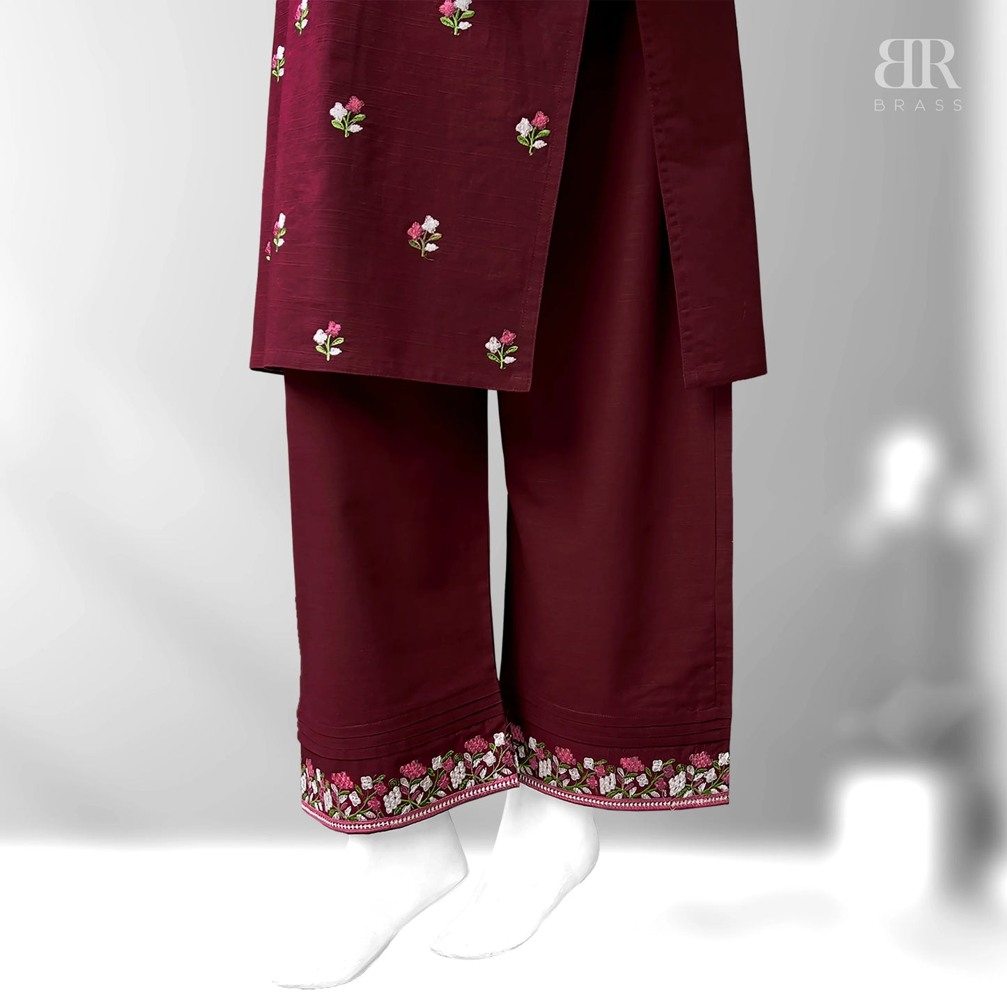 2 Piece - Embroidered Pure Slub Khaddar Stitched Suit (Maroon)