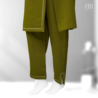 2 Piece - Embroidered Pure Slub Khaddar Stitched Suit (Olive Green)
