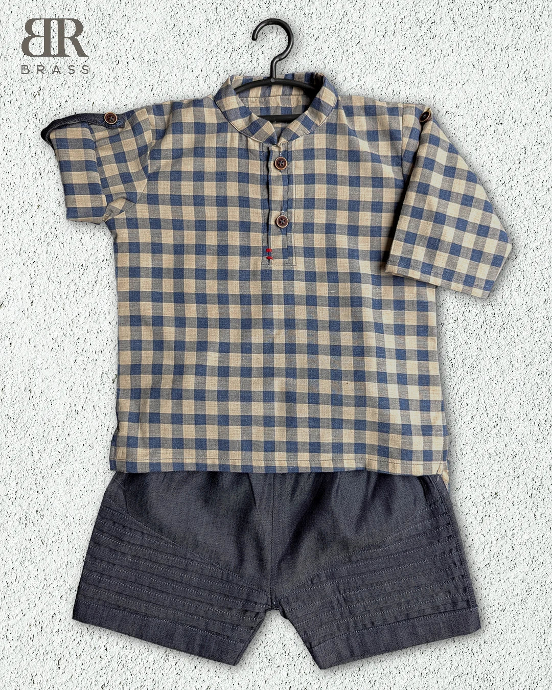 Checkered Cotton Shirt with Band Collar