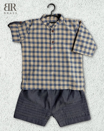 Checkered Cotton Shirt with Band Collar