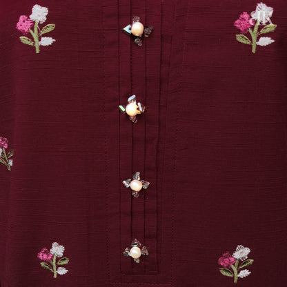 2 Piece - Embroidered Pure Slub Khaddar Stitched Suit (Maroon)