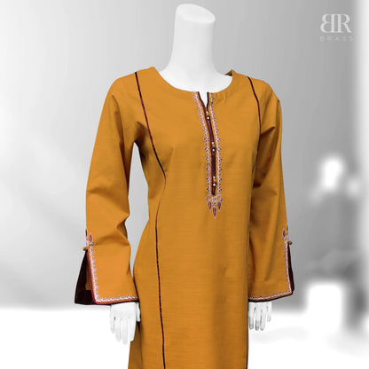 2 Piece - Embroidered Pure Slub Khaddar Stitched Suit (Mustard)